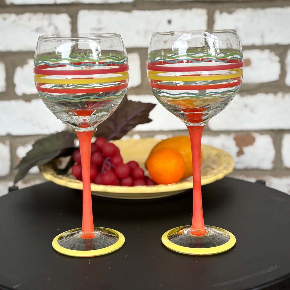 Whimsical Hand-Painted Wine Glasses - Set of 2, Colorful Stripes